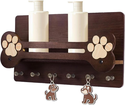 Dog Leash Holder for Wall with Floating Shelf and 6 Hooks Decorative Dog Stuff Organizer for Leashes Collars Keys Rustic Wooden Key Holder Wall Mount for Home Decor
