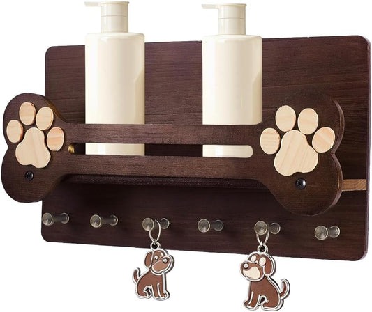 Dog Leash Holder for Wall with Floating Shelf and 6 Hooks Decorative Dog Stuff Organizer for Leashes Collars Keys Rustic Wooden Key Holder Wall Mount for Home Decor