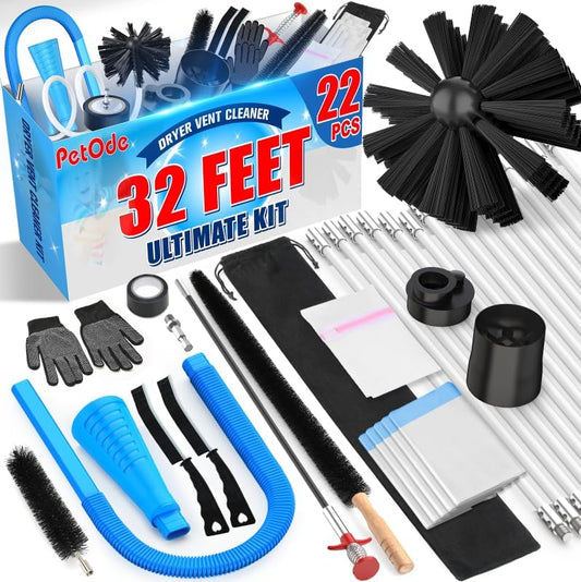 PetOde 22-piece 40-Feet Dryer Vent Cleaner Kit, Dryer Vent Cleaning Kit Lint Remover with Dryer Vent Brush, Vacuum Hose Attachment Cleaning Tools, Flexible Lint Trap Brush, Vacuum & Dryer Adapters | Omnidirectional Blue Dryer Lint Vacuum Attachment &