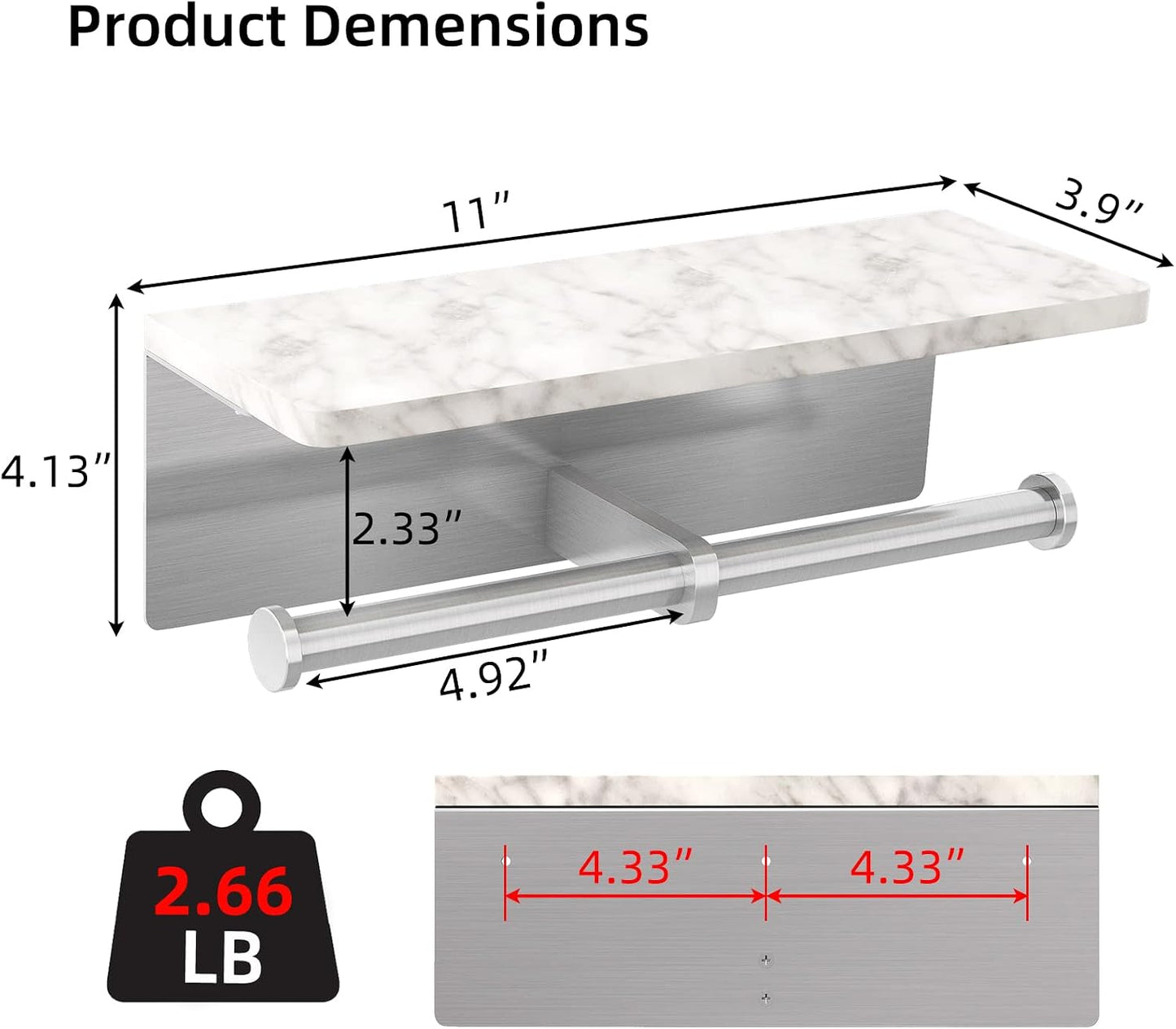 Gypie Marble Toilet Paper Holder with Shelf, Wall Mounted Matte Black | Stainless Steel Tissue Roll Paper Holder Dispenser for Bathroom Washroom