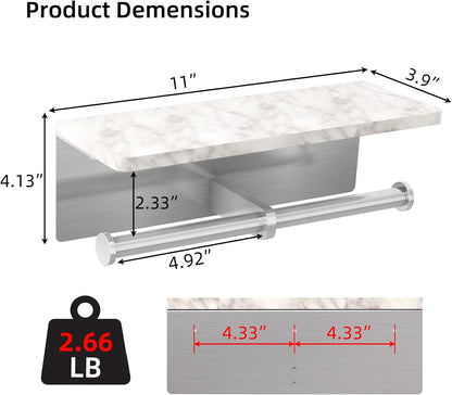 Gypie Marble Toilet Paper Holder with Shelf, Wall Mounted Matte Black | Stainless Steel Tissue Roll Paper Holder Dispenser for Bathroom Washroom