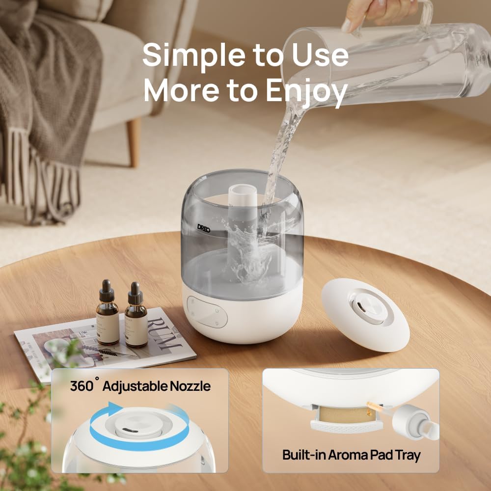DREO 3L Humidifiers for Bedroom, 30H Runtime, 26 dB Quiet, Black | Easy to Refill & Clean, Precise Humidity Control, Night light, 360° Nozzle, Cool Mist Air Humidifier for Large Room, Baby