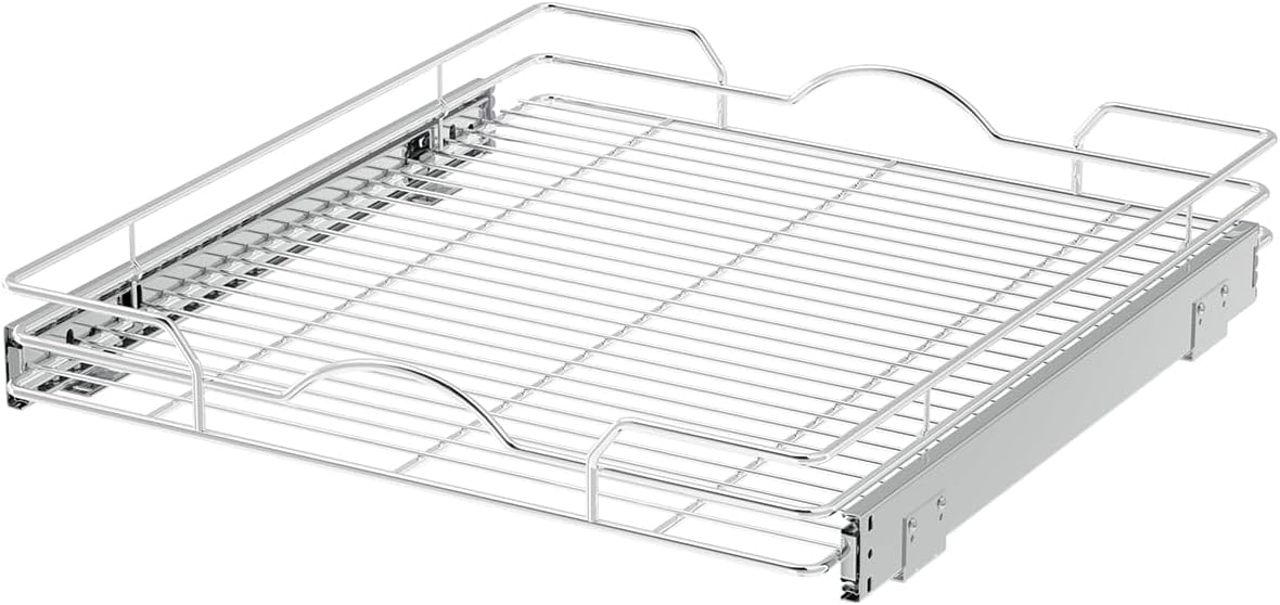 OCG Pull Out Cabinet Organizer 2 Pack (15" W x 21" D), Pull out Shelves 1 Tier, Cabinet Slide Out Shelves for Base Cabinet Organization in Kitchen Bathroom Pantry, Bottom Mount, Chrome Finish