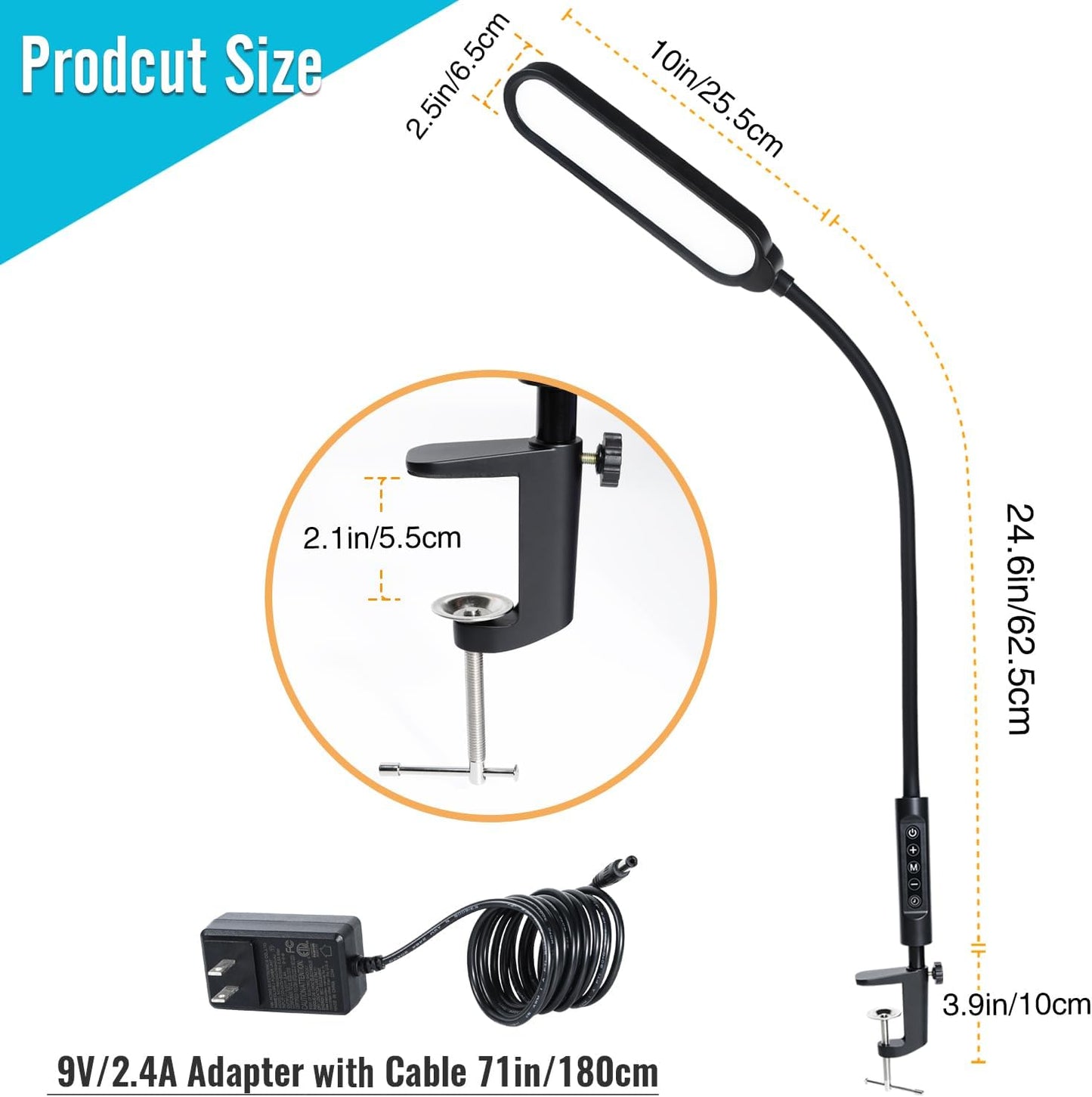 18W 3000LM LED Clamp Desk Lamp | CRI 95 Eye-Caring Light with Remote & Touch Control, 360 Flexible Gooseneck, 3 Color Modes for Home Office(Adapter Included)