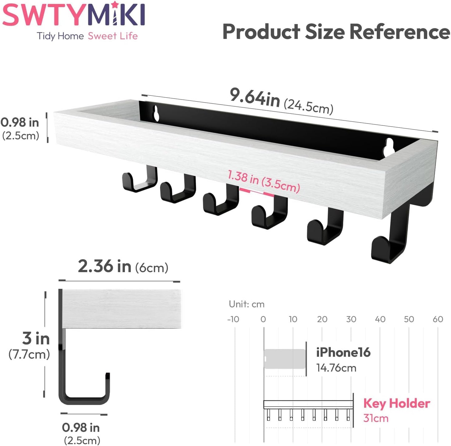 SWTYMIKI Key Holder Wall Mount - Wooden Key Hooks for Wall with Mail Organizer & 6 Hooks, 2 Installation Ways Key Hanger, Key Rack with Shelf for Entryway Living Room Bedroom Office Home Decor Black