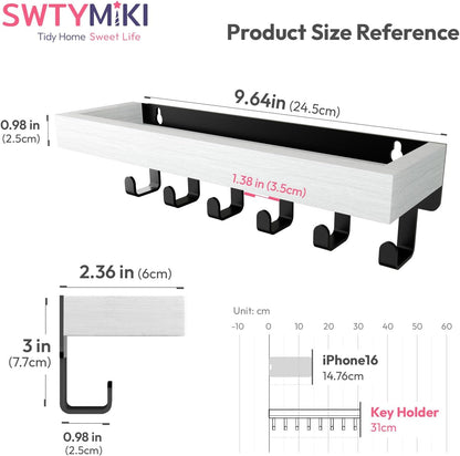 SWTYMIKI Key Holder Wall Mount - Wooden Key Hooks for Wall with Mail Organizer & 6 Hooks, 2 Installation Ways Key Hanger, Key Rack with Shelf for Entryway Living Room Bedroom Office Home Decor Black