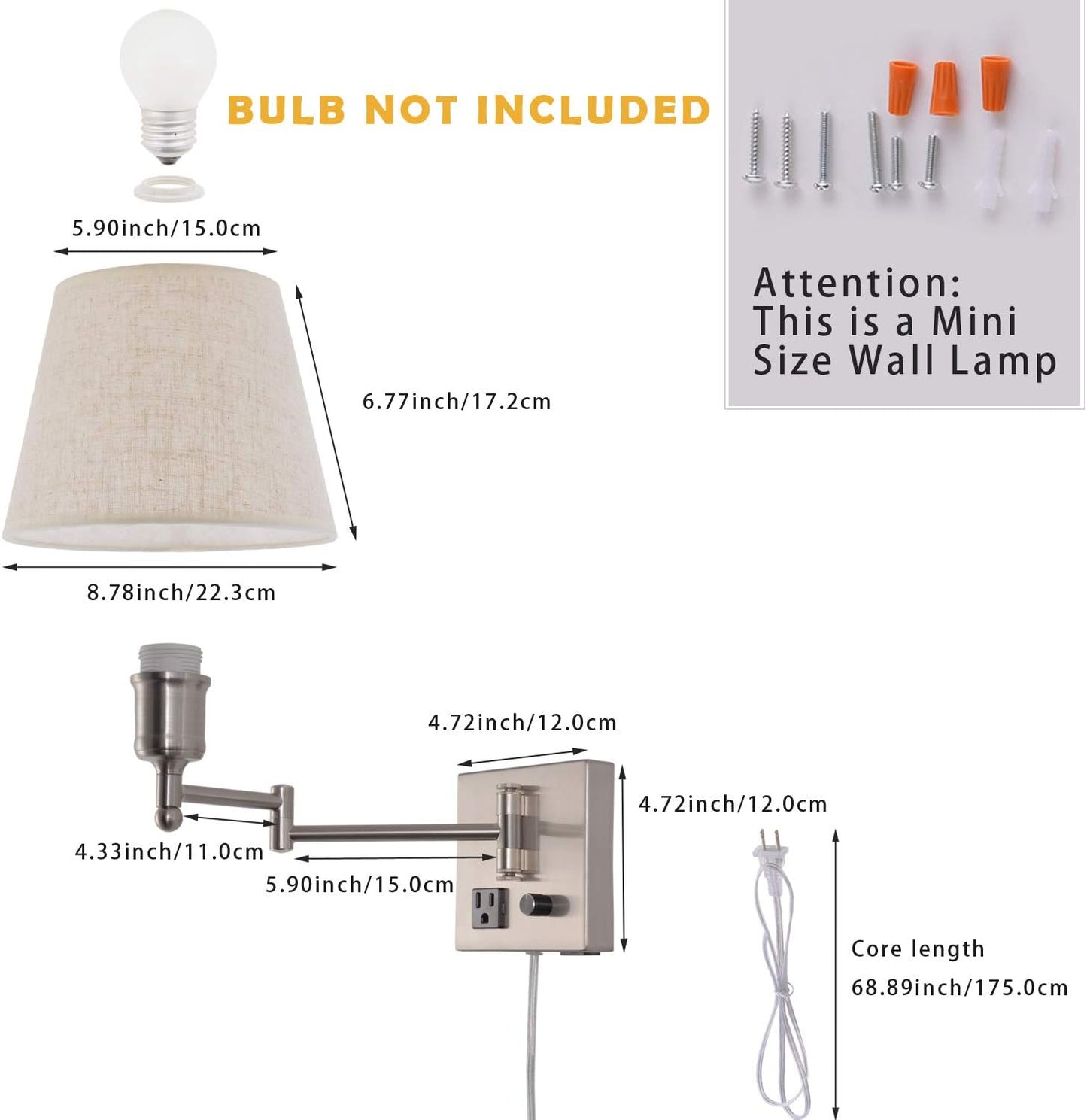 Bedside Wall Mount Light with Dimmable Switch and Outlet, Swing Arm Fabric Shade Wall Sconce Light with USB Port and Plug in Cord, Black Wall Lamp for Bedroom, Living Room and Hotel