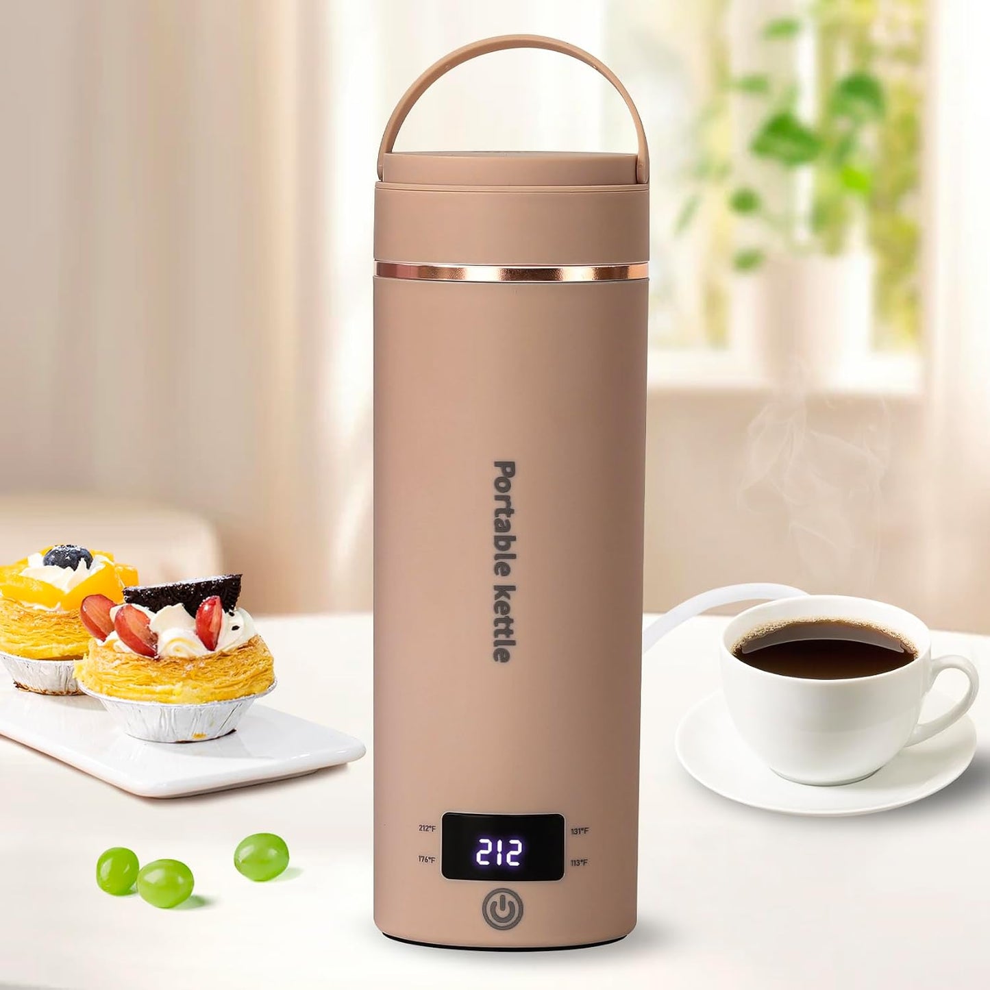 Touxila Portable Electric Kettle for Travel 120V, 13.5oz, 4 Temp Settings | 304 Stainless Steel Lining,Fast Boiling Water,Auto Shut-Off,Boil Dry Protection,Small Kettle for Office & Hotel(Beige, 400ML)