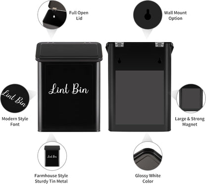 Magnetic Lint Bin for Laundry Room, Metal Lint Trash Can with Lid and Brush, Wall Mounted Lint Box for Dryer, Farmhouse Laundry Room Decor, Black