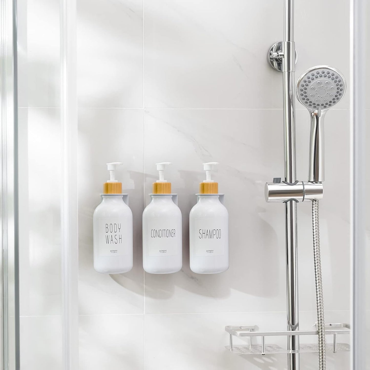 VITVITI Shampoo and Conditioner Dispenser 3 Chamber for Shower Wall, White | Refillable Body Wash Shower Soap Dispenser Wall Mounted, Drill Free 17oz Plastic Shower Bottles for Bathroom, Set of 3