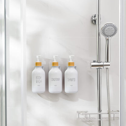 VITVITI Shampoo and Conditioner Dispenser 3 Chamber for Shower Wall, White | Refillable Body Wash Shower Soap Dispenser Wall Mounted, Drill Free 17oz Plastic Shower Bottles for Bathroom, Set of 3
