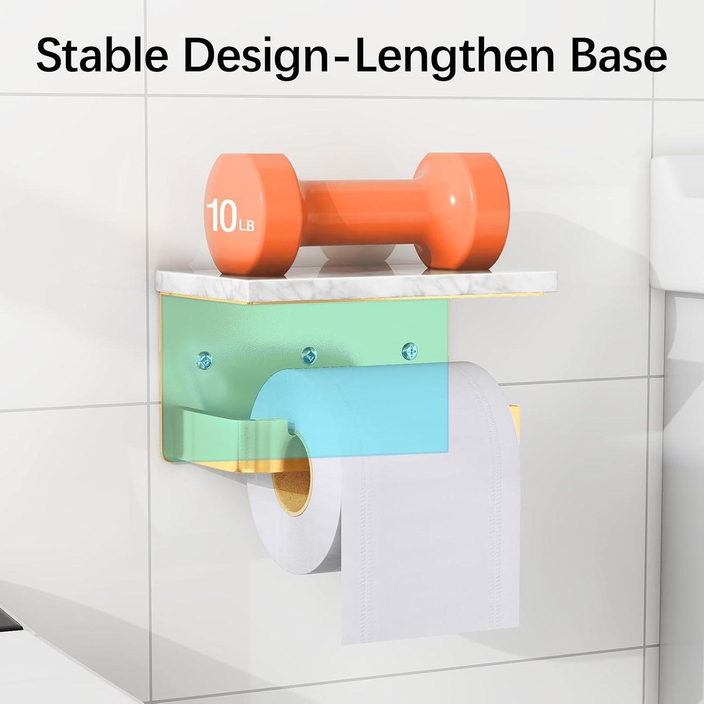Gypie Toilet Paper Holder with Marble Shelf, Wall Mounted Matte Black | Toilet Roll Holder Black for Bathroom Washroom, Extended Base