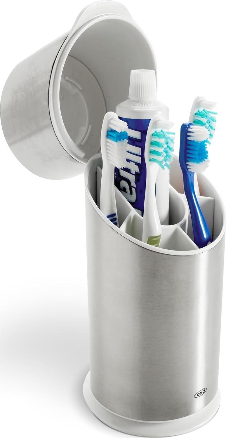OXO Good Grips Bathroom Toothbrush Holder Set - Stainless Steel | Countertop Storage, Holds Up To 4 Toothbrushes, Easy To Clean, Hygienic Ventilation, Removable Divider