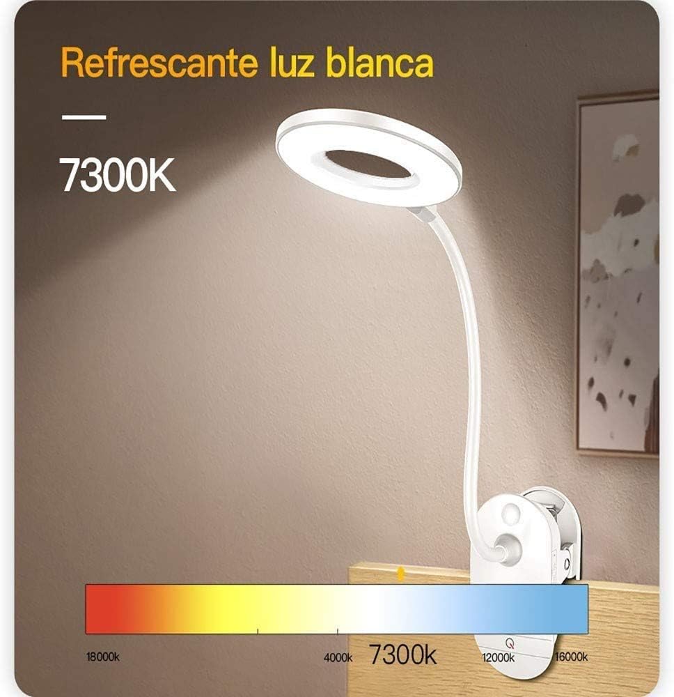 Clip on Reading Lamp, Battery Powered with 3 Brightness Levels, USB Rechargeable