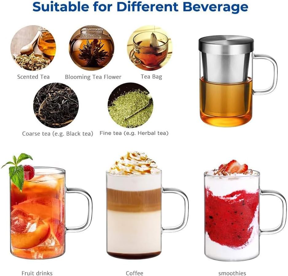 16.9 oz Borosilicate Glass Tea Mug with Stainless Steel Infuser & Lid –A 500mL heat-resistant glass teacup designed for brewing loose-leaf tea. Durable, elegant, and perfect for easy use