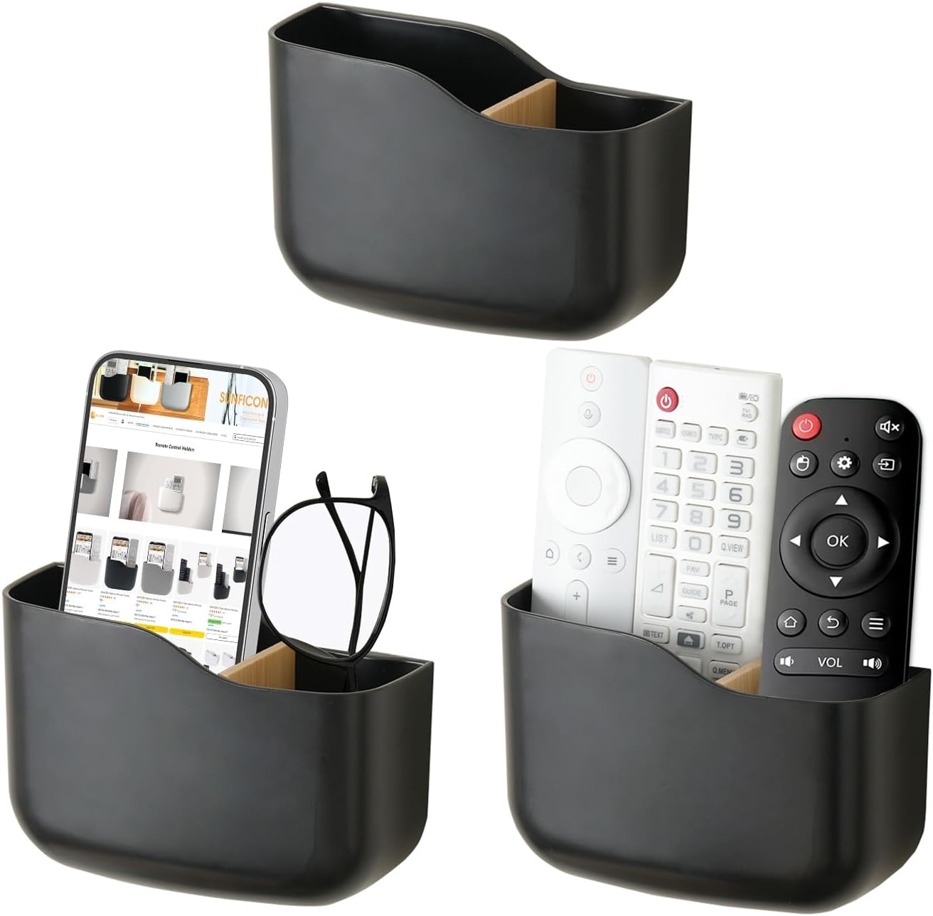 SUNFICON Adhesive Remote Control Holder Wall Mount Media Player Controller Holder Universal TV Remote Organizer Caddy Box Tray Easy Phone Charging Home Office Desk Nightstand White