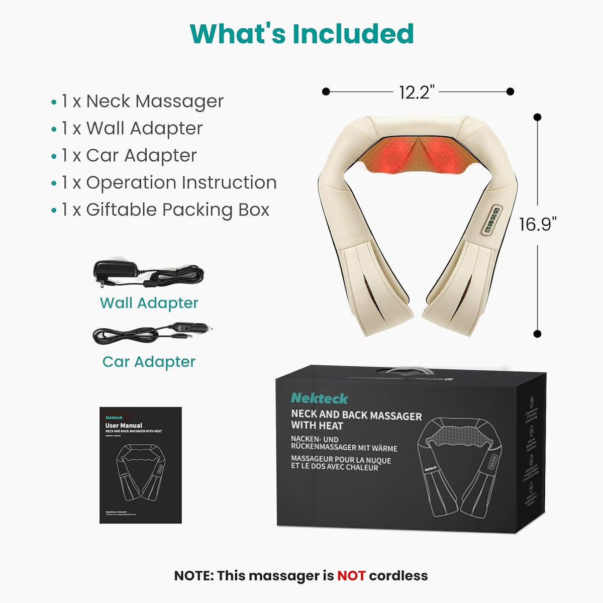 Nekteck Shiatsu Neck Massager with Heat for Pain Relief, NOT Cordless