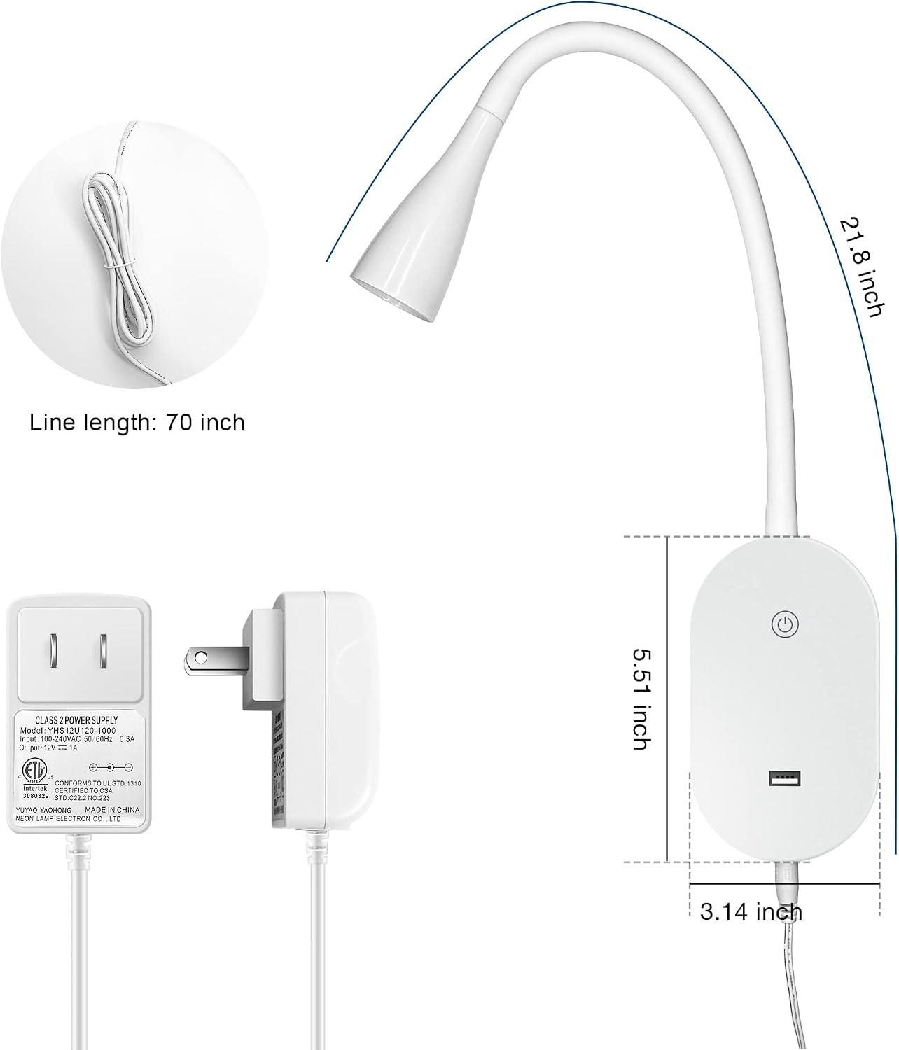 Wall Mount Reading Light, Focused Book Light for Reading in Bed, 5 Dimming, USB Output, 4 Hours Auto Off, Touch Control, Flexible Gooseneck Headboard Reading Lamp, Easy to Install White | Focused bedside light with touch dimming, flexible gooseneck, USB