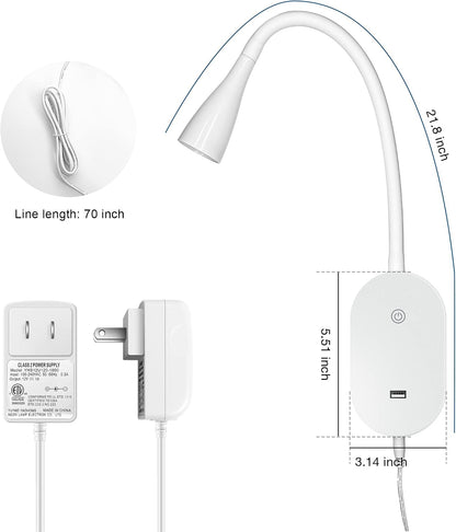 Wall Mount Reading Light, Focused Book Light for Reading in Bed, 5 Dimming, USB Output, 4 Hours Auto Off, Touch Control, Flexible Gooseneck Headboard Reading Lamp, Easy to Install White | Focused bedside light with touch dimming, flexible gooseneck, USB
