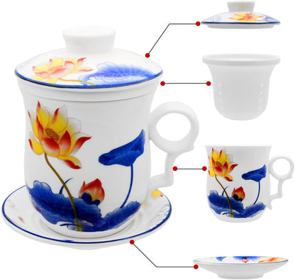 Porcelain Tea Cup with Infuser Lid and Saucer Sets - Chinese Jingdezhen Ceramics Coffee Mug Teacup Loose Leaf Tea Brewing System for Home Office