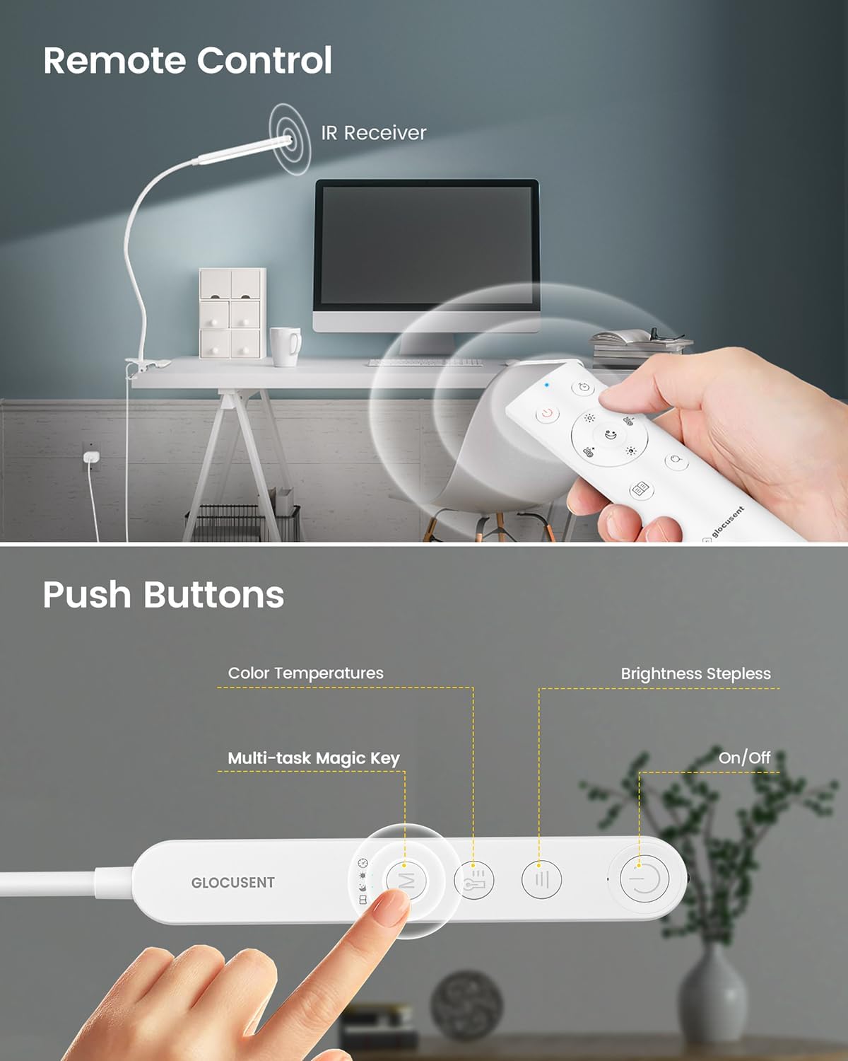 Glocusent Clip On Light, 5W Eye Caring Book Lights for Reading | 5 Color & 5 Brightness with a Remote, 30-Min Auto Off Timer, Multi-Purpose Clip Lamp for Bed Reading/Studying/Working
