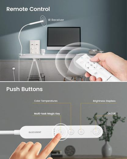 Glocusent Clip On Light, 5W Eye Caring Book Lights for Reading | 5 Color & 5 Brightness with a Remote, 30-Min Auto Off Timer, Multi-Purpose Clip Lamp for Bed Reading/Studying/Working