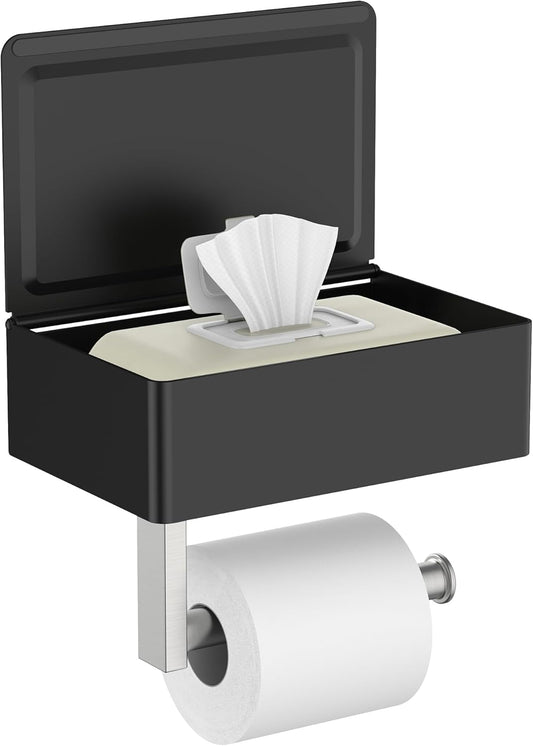 FORIOUS Toilet Paper Holder with Shelf, Wall-Mounted Modern Wipes Dispenser | Brushed Nickel | Toilet Paper Holder with Storage for Bathroom | Fits Wipes, Sanitary Napkin, Tampon | 8.0"x5.3" Large Shelf