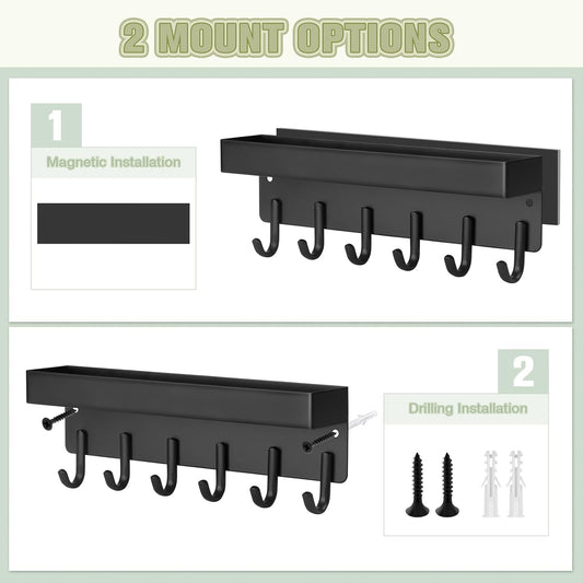 VIS'V Key Holder Wall Mount, Magnetic Key Rack with Tray, 6 Hooks, Black | 2 Mount Options, Metal Material, Compact Discreet Design, for Fridge, Kitchen, Entryway, Hallway, Doorway, Garage, Camper