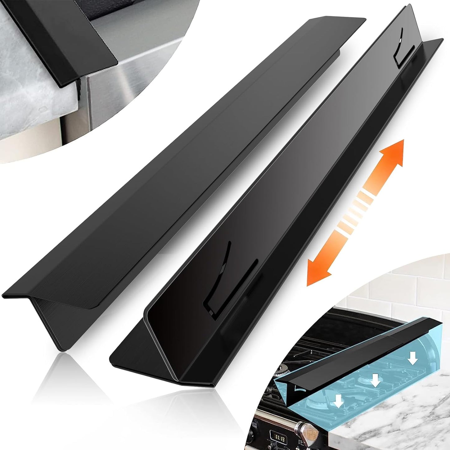 2PCS Kitchen Stove Counter Gap Covers Stainless Steel (13.8"-27.5" Black) | Cooktop Trim Kit, Stove Gap Guards, Oven Gap Filler, Easy to Clean, Heat Resistant & Effectively Protect Stove Gap Filler