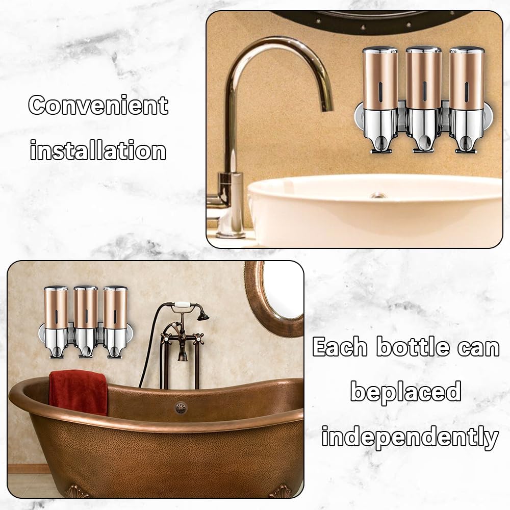 3 in 1 Chamber Wall Mounted Shampoo and Conditioner Dispenser (Silver) | No Drill Shower Soap Dispenser for Bathroom & Hotel Leak-Proof Pumps, Easy Installation and Large Capacity