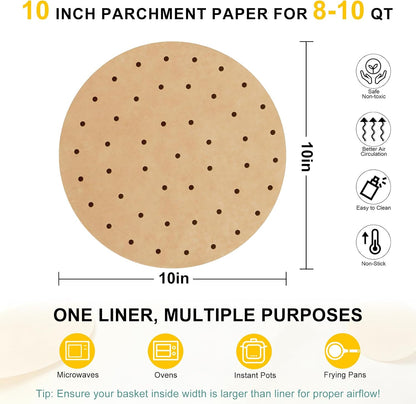 Air Fryer Parchment Paper Liners, 8 Inch 100 Pcs | Pre-Cut Non-Stick Unbleached Paper; Fits 3.5-6QT Air Fryers; Disposable And Durable; Microwave And Steaming Basket Safe