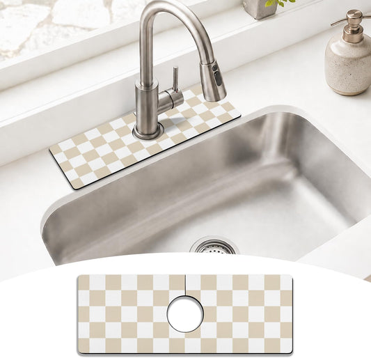 Light Brown White Checkered Kitchen Sink Splash Guard Faucet Mat,Faucet Non-Slip Absorbent Mat,Farmhouse Sink Splash Guard Behind Faucet for Kitchen Bathroom, 15"x5.5"