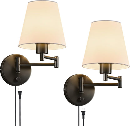 VONLUCE Wall Lamp, Plug in & Swing Arm Wall Sconce, Nickel Finish | Modern Wall Lights with White Fabric Shades, Plug in & Hardwired Wall Mounted Light for Bedside, Living Room, Hallway
