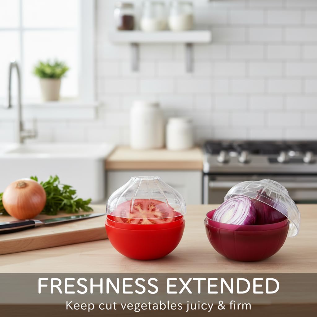 Onion and Tomato Keepers (2-Pack) - Reusable Fruit & Vegetable Storage Containers with Lids, Stackable Fridge Organizers for Kitchen Pantry, Camping Travel Food Saver