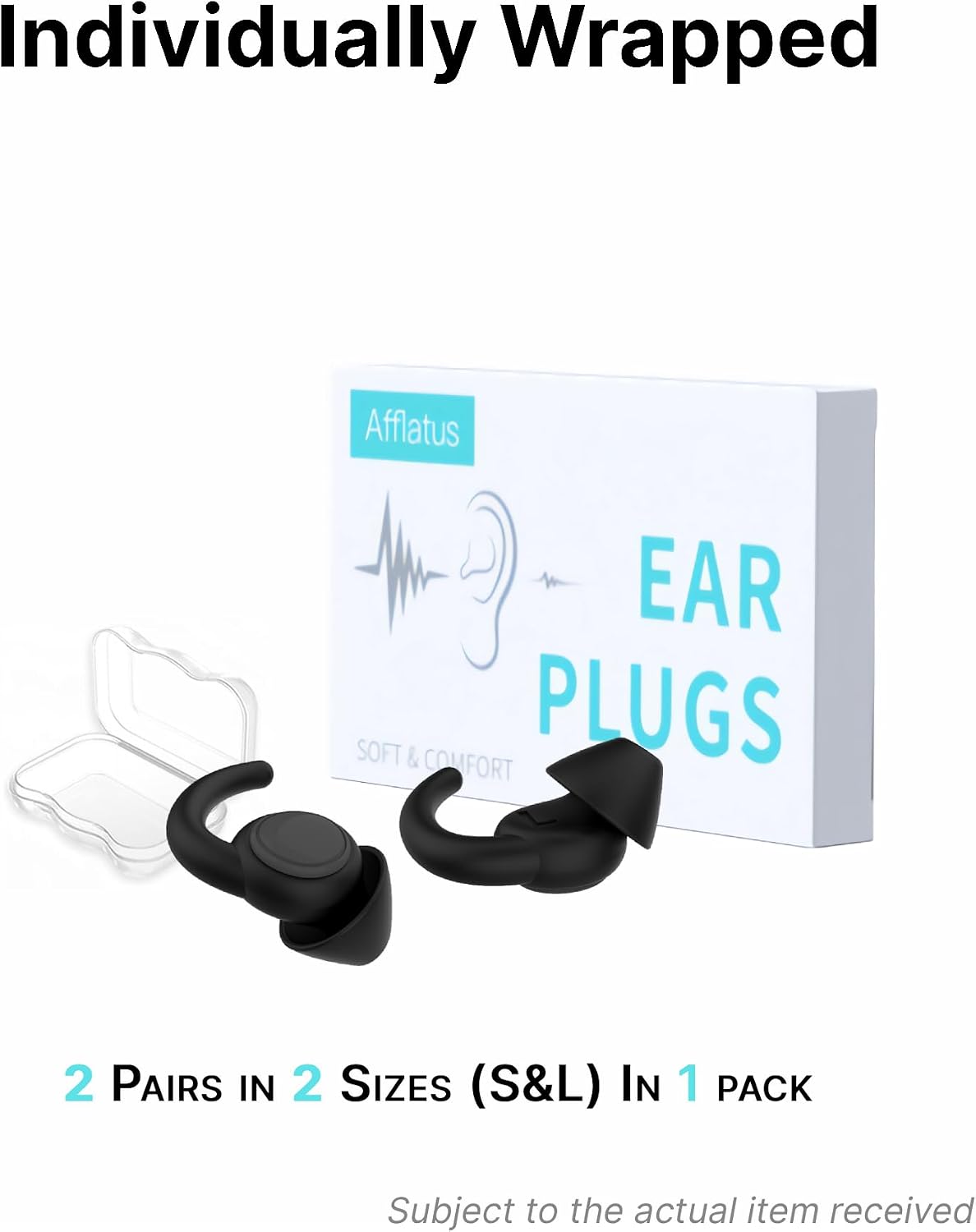 Afflatus Ear Plugs for Sleep and Noise Reduction, Soft & Comfort, 26dB | Snug Ear-Hug Fit, Side Sleep Comfort, Non-In-Ear, 2 Pairs 2 Sizes (S+L), Delicate Giftbox, Washable, Reusable