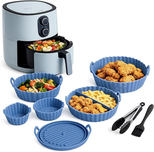 8 PCS Air Fryer Accessories Set, Reusable Silicone Air Fryer Liners for Round Basket, Non Stick Air Fryer Inserts with Kitchen Tongs & Basting Brush, BPA Free, Heat Resistant, Dishwasher Safe
