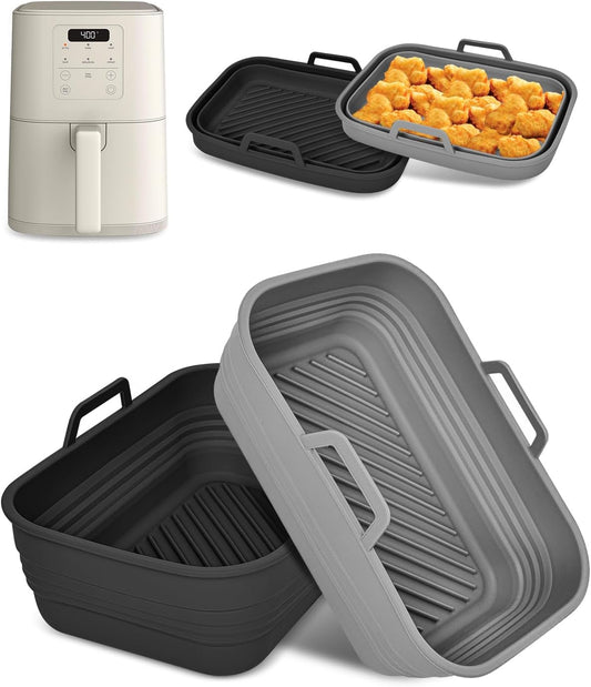Collapsible Air Fryer Silicone Liners 2-Pack for Bella 4Qt Slim Air Fryer | (3.3lb Capacity), Reusable Airfryer Silicone Pot Rectangle,Nonstick Baking Basket Insert for Air Frier Accessories,Gray+Black