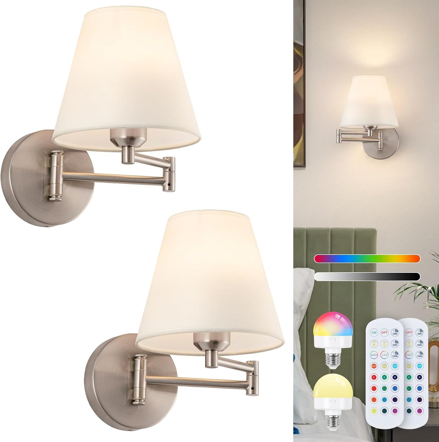 Cordless Battery Operated Wall Sconces Set of 2, Black Swing Arm Wall Sconce, Rechargeable Wall Mounted Reading Light Bedside Wall Lamp, Wireless Wall Sconce Fixtures for Bedside, Hallway, Study