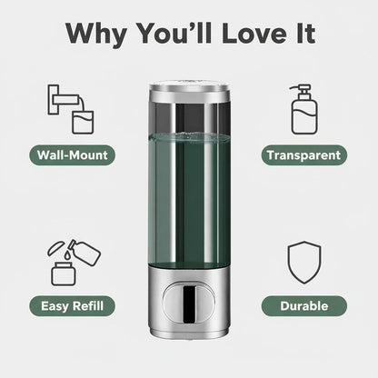 10oz/300ml Single Manual Wall Mounted Soap Dispenser, Black | Bathroom Shampoo and Conditioner Dispenser, Clear Plastic Refillable Liquid Lotion Pump Dispenser and Organizer