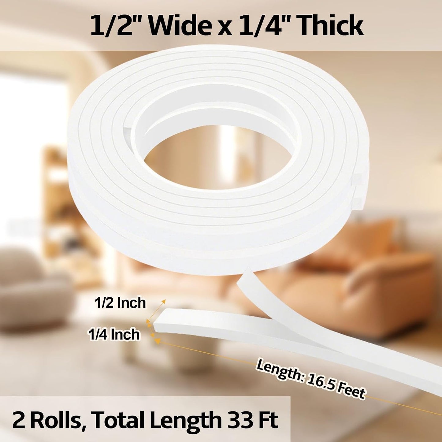 1 in Wide x 1/8 in Thick x 33FT Foam Weather Stripping Door Seal,Window Sealing Tape，Single-Sided Self-Adhesive Insulation Sealing Strip White
