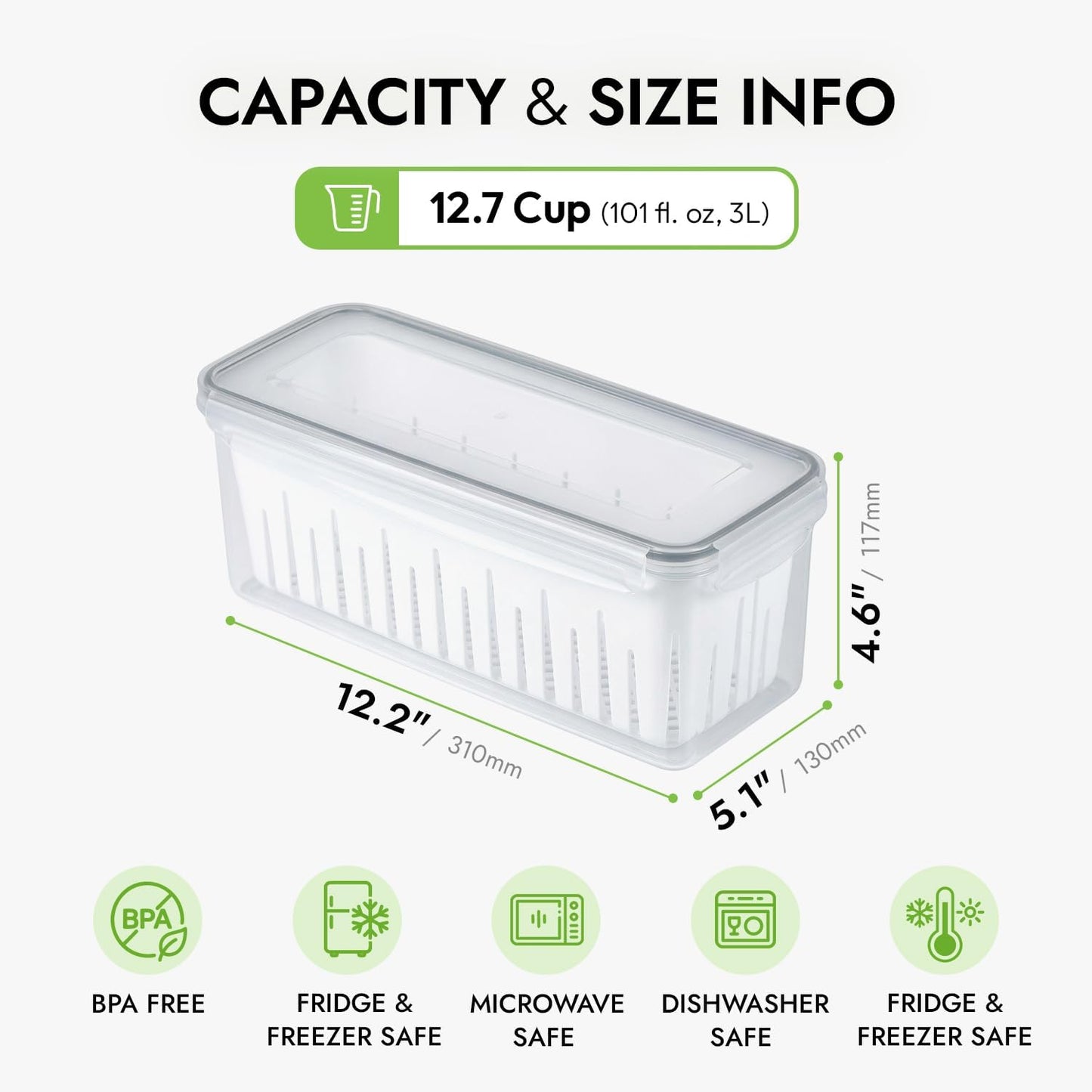 11.4 Cup Produce Saver Container for Fridge with Colander 2.7L | Airtight Fruit & Vegetable Storage Bin, Removable Strainer Basket, BPA-Free, Stackable, White Colander