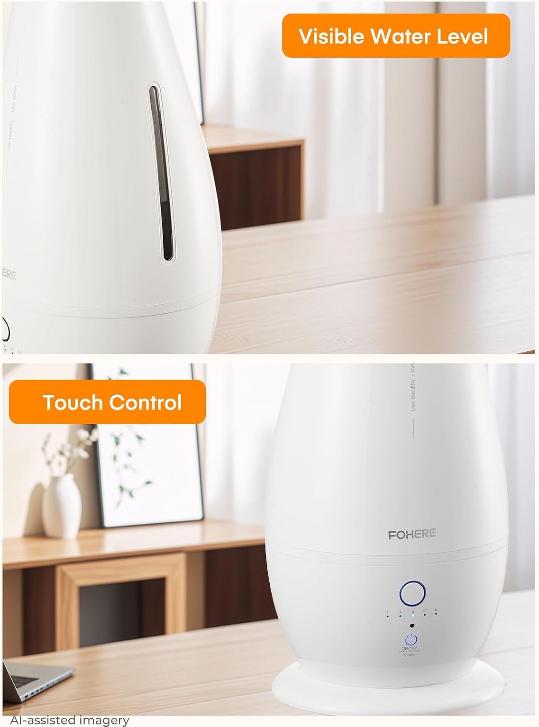 FOHERE Humidifiers for Bedroom Large Room, 5L Cool Mist Quiet Humidifier 48H Long Last for Indoor Plant, Baby, Home, Office with Humidity Sensor, Aroma Box, 3 Speed Settings, White