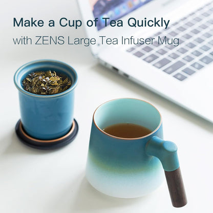 ZENS Tea Cup with Infuser and Lid & Coaster for Tea Steeper, 15oz Blue | Embossed Ceramic Tea Infuser Mug for Loose Leaf Tea Difussers, Tea Lovers Gifts, Nature Wood Handle