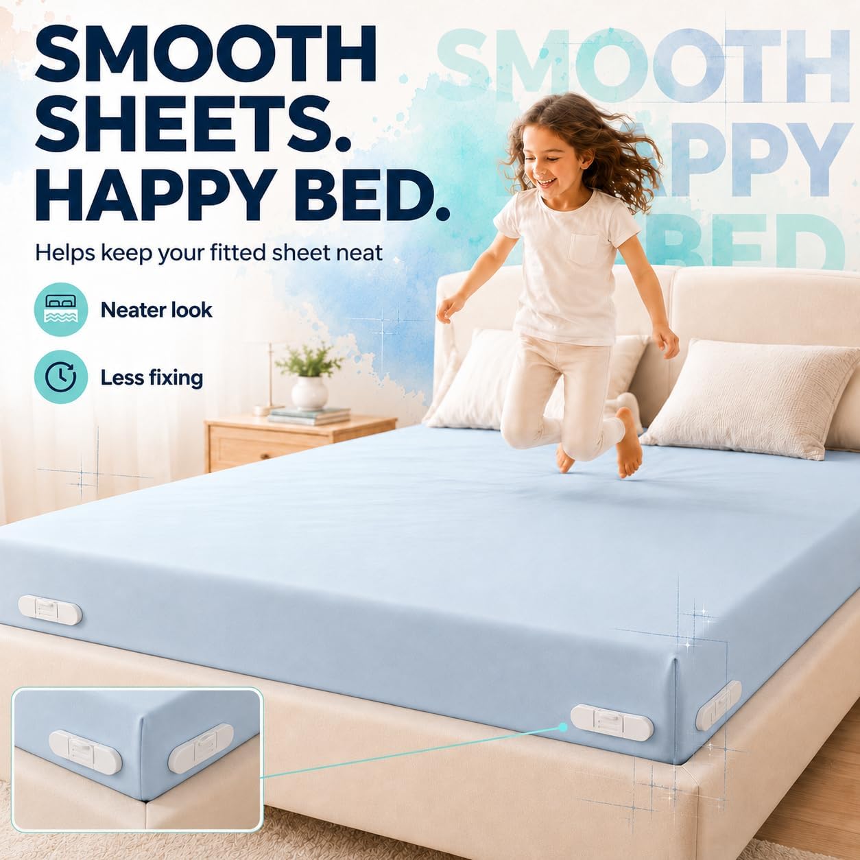 Bed Sheet Holders for Corners, Fitted Sheet Holder with Lock Strips, Hidden Corner Sheet Lock System, Sheet Locks for Fitted Sheets, No Metal Clips, 4 Corner Bases + 8 Lock Strips