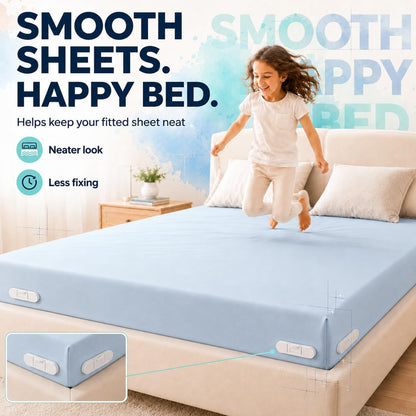Bed Sheet Holders for Corners, Fitted Sheet Holder with Lock Strips, Hidden Corner Sheet Lock System, Sheet Locks for Fitted Sheets, No Metal Clips, 4 Corner Bases + 8 Lock Strips
