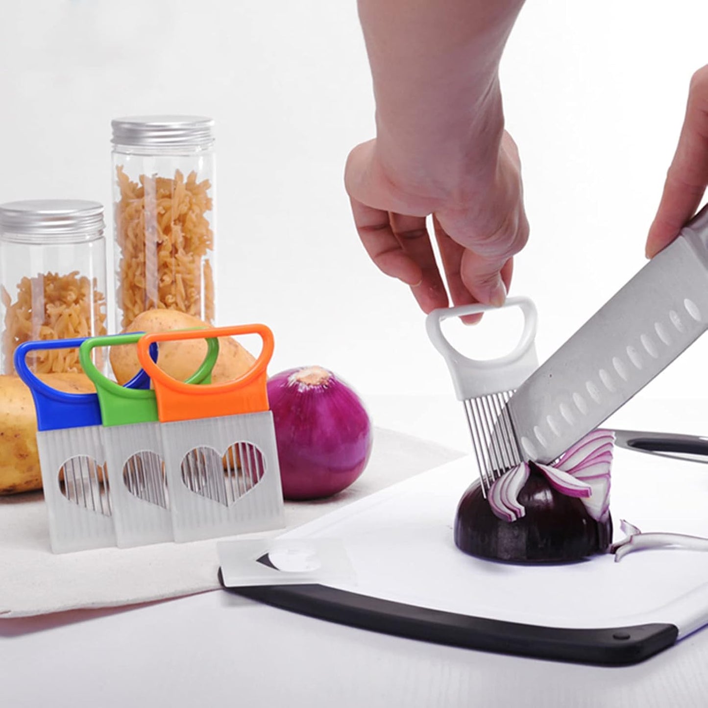 4 Pcs Onion Slicer, TACYKIBD Stainless Steel Onion Slice Holder and Tomato Slicer, Food Slice Assistant Onion Holder for Slicing Fruit Vegetable Lemon Meat Potato, Kitchen Cooking Tools Gadgets