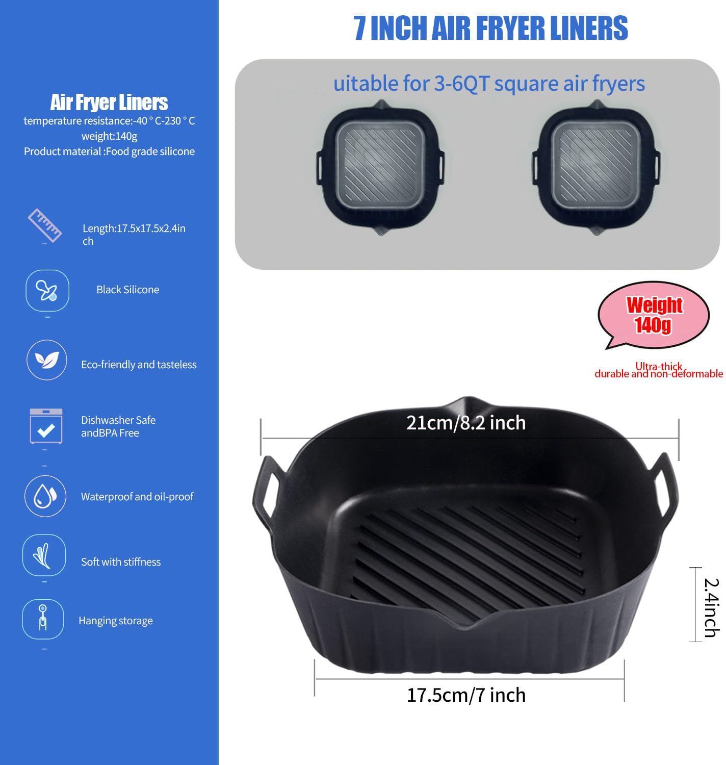 2 Pack Air Fryer Liners,8 Inch Silicone Airfryer Liners,Air Fryer Accessories,Reusable Baking Tray Oven Accessories,Replacement of Flammable Parchment Paper (Red Blue) (Black&Red&Blue)
