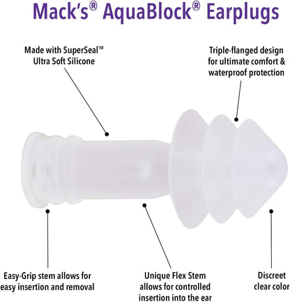Mack's AquaBlock Swimming Earplugs, 3 Pair | Waterproof, Reusable Silicone Ear Plugs for Swimming | Swim Ear Plugs for Snorkeling, Showering, Surfing, Bathing (Clear)