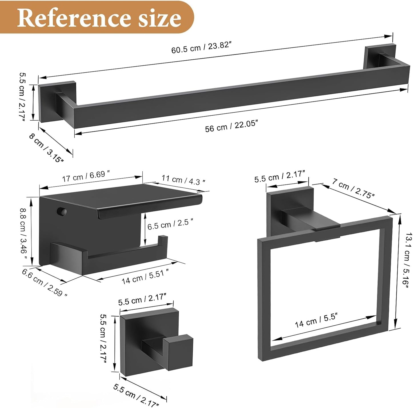 TURS Bathroom Hardware Set Black 4-Piece Towel Bar Set Include 24 Inch Towel Bar Hand Towel Holder Towel Hook Toilet Paper Holder with Shelf Wall Mounted Stainless Steel Bathroom Accessories Set