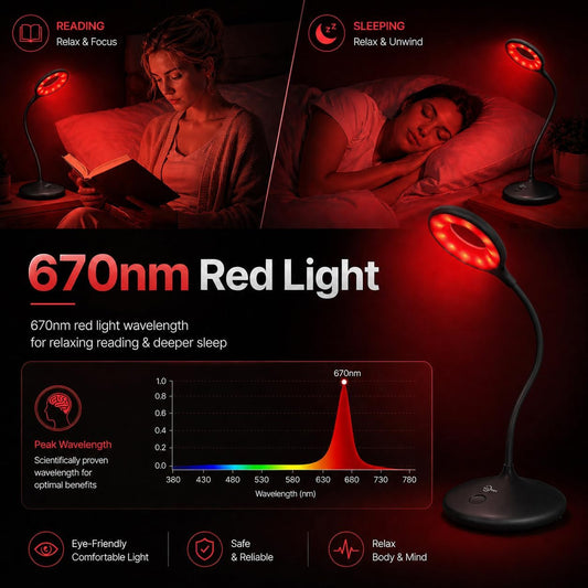 670nm Red Light Therapy Desk Lamp for Reading Sleep in Bedroom Dorm | Rechargeable Portable Bedside Lamp, 3 Color Modes, Zero Flicker Eye Protection, No Blue Light for Student Craft Room Office